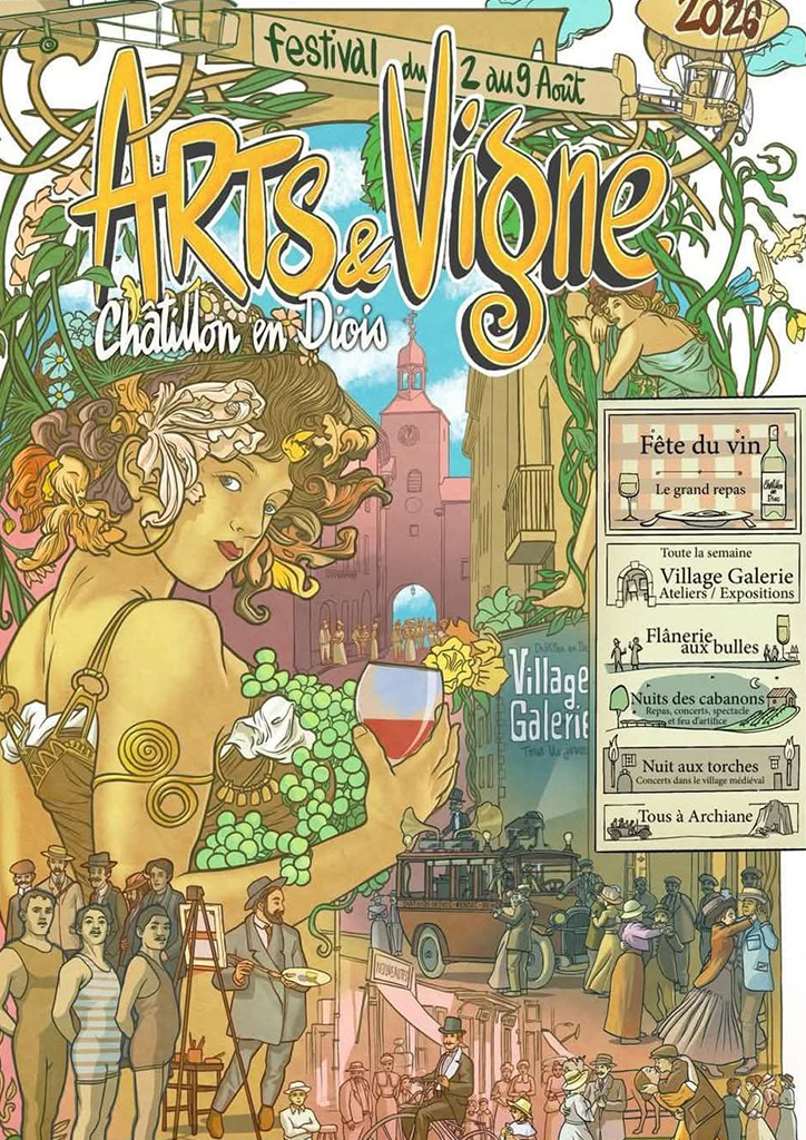 Le Festival Arts&Vigne aura lieu du 2 au 9 août 2026 à Châtillon-en-Diois en Drôme. Rencontres entre artistes passionné.e.s et découvertes de breuvages locaux.