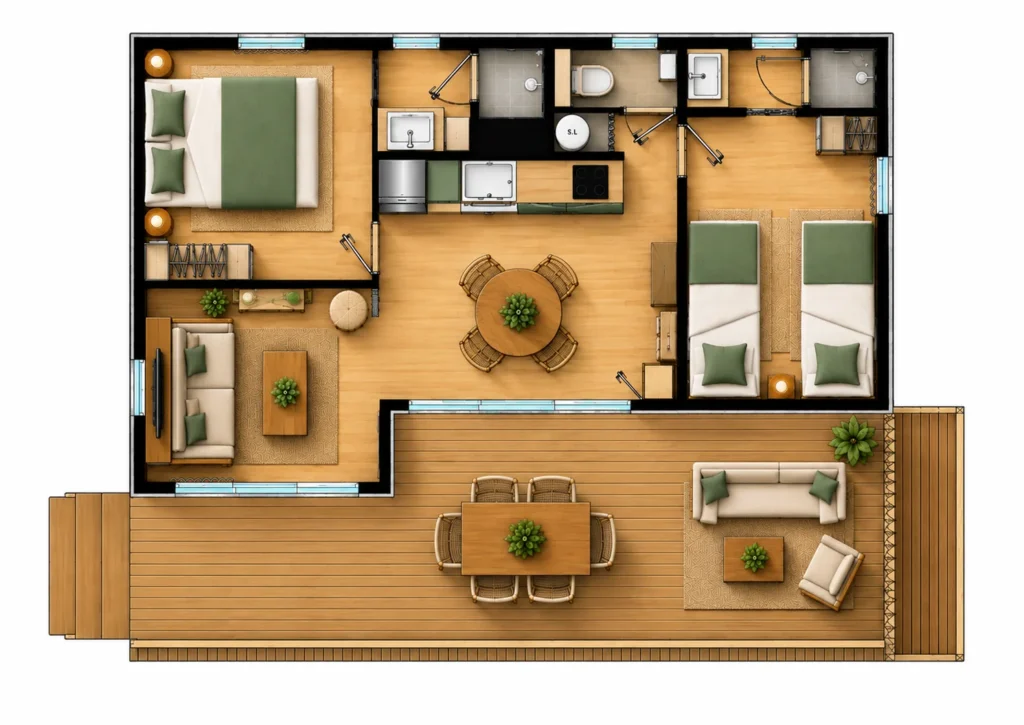 Lodge Combeau de 35 m2 interieur avec 2 chambres et 2 salles de bain