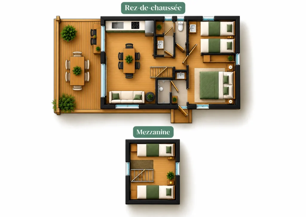 Le lodge Archiane de 35m2 accueille les familles et les groupes d'amis allant de 4 à 6 personnes.